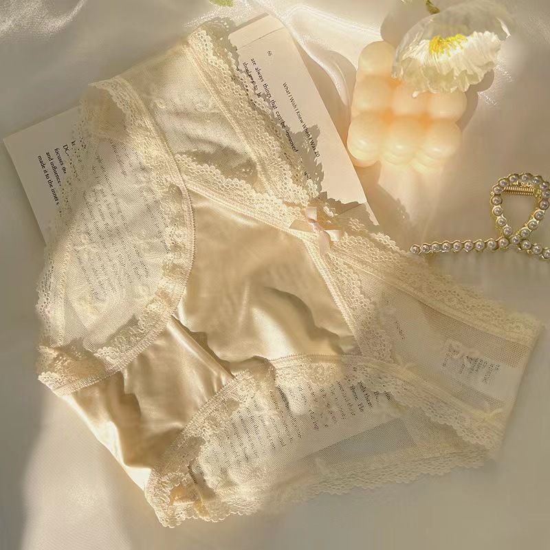 2025d Pure Desire Light Satin Bow Low Waist Sexy Lace Cotton Crotch Mesh Triangle Panties For Women_voghion.com