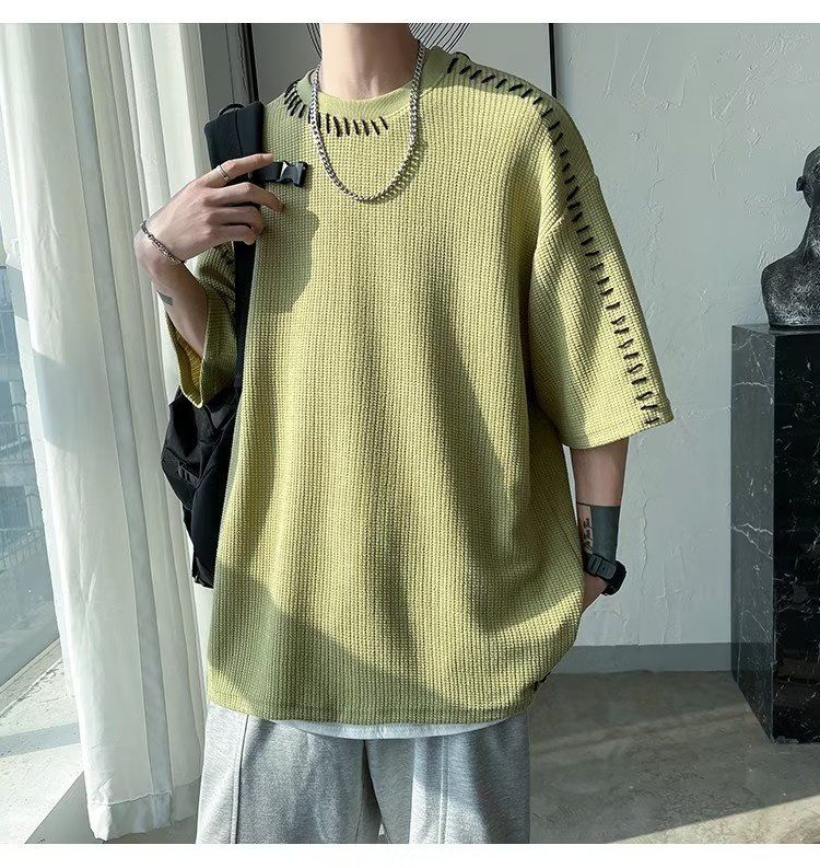 Men's Clothing Irregular knitted short sleeved men's design niche fashion brand personality loose versatile ins five point sleeve t shirt top clothes_voghion.com