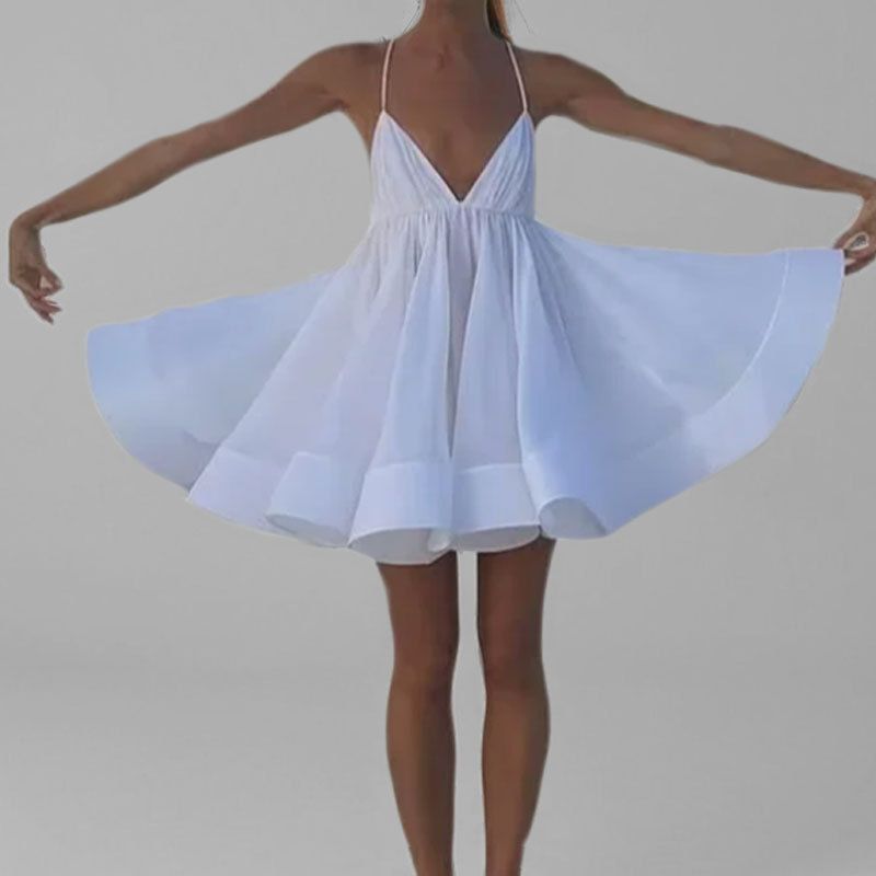 Collection printemps 2025 Cross-Border : Robe bouffante plissée à bretelles, dos nu et col en V, inspirée de la mode européenne et américaine._voghion.com