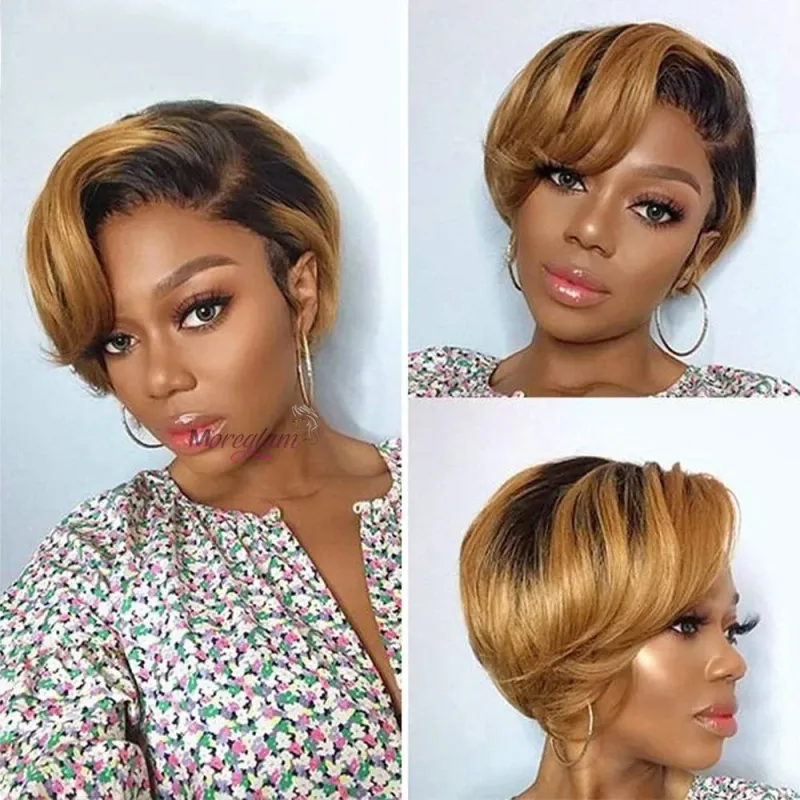 Ombre Farbige Bob Perücke Pixie Kurze Bob Echthaar Perücken 13x4 Spitze Vorne T1B/27 Pixie Cut Für Frau_voghion.com