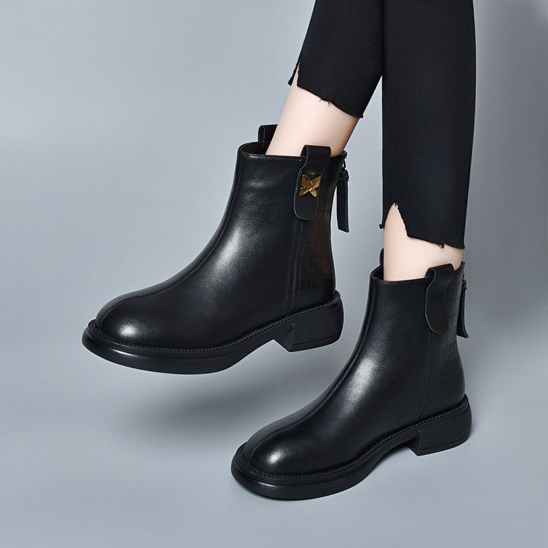 Ghete din piele pentru femei, cizme plate, simple, casual, cu fermoar la spate, cu cap rotund, cizme din bumbac cu fleece_voghion.com