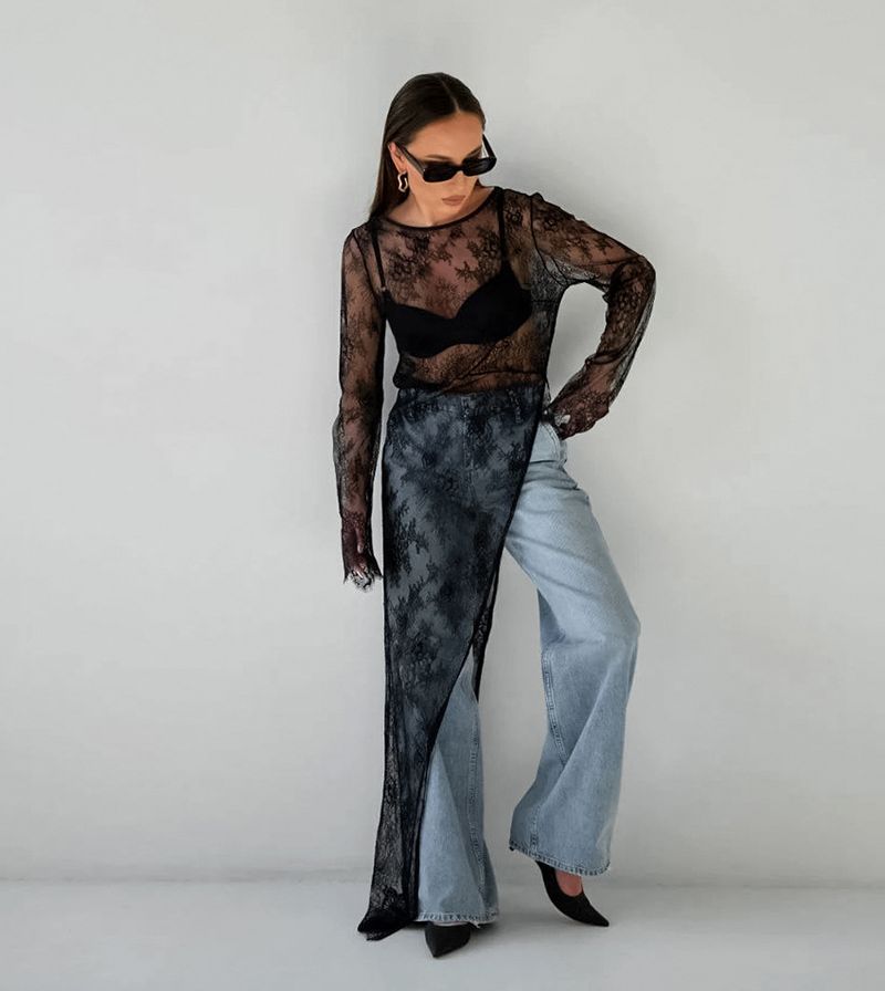 Damenbekleidung Sexy schwarzes durchsichtiges Kleid mit Spitze, Rundhalsausschnitt, langen Ärmeln und Schlitz, asymmetrisches Kleid, langes Kleid für den Sommer_voghion.com