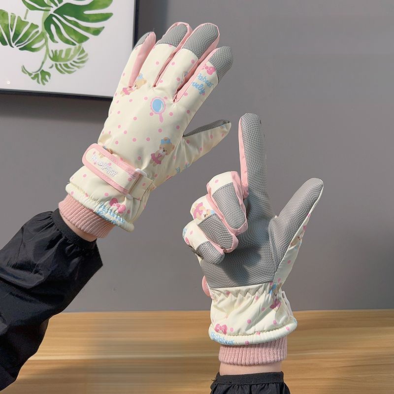 Gants de ski en coton pour femme, motif ours mignon, chauds, résistants au froid, imperméables, doublés en polaire, épais, pour écran tactile, cyclisme_voghion.com