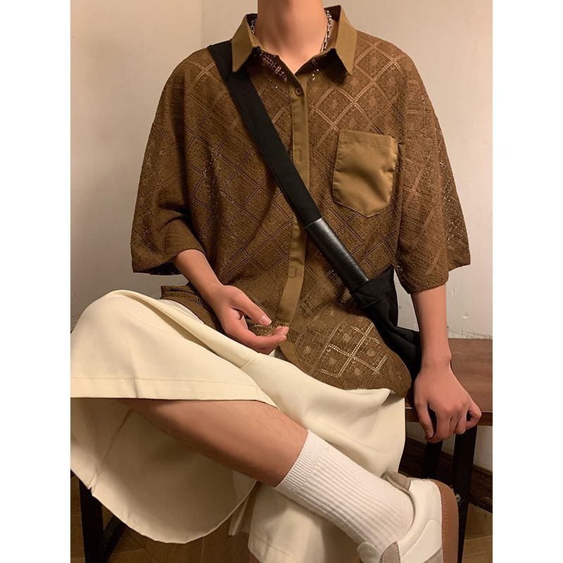 Camicia a maniche corte con risvolto sottile, da uomo, estiva, retrò, ampia, con tasche a 5 punti_voghion.com