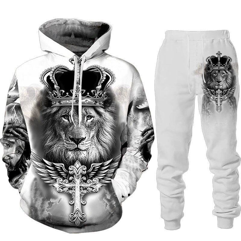 Set di protezioni con coulisse pullover con cappuccio e leone animale con stampa digitale da uomo_voghion.com