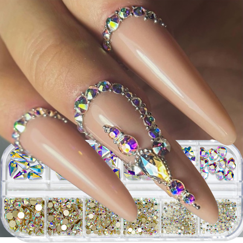 Stras 3D pentru unghii, decorațiuni, 12 cercei, diamant multicolor AB, spate plat, pietre prețioase de cristal cu sclipici Lux_voghion.com