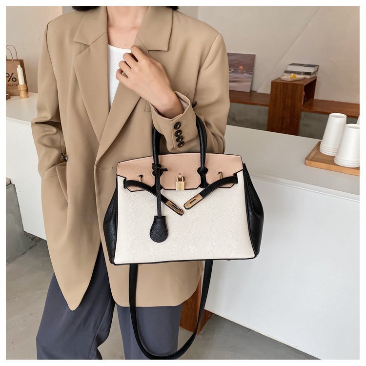 Large Capacity Platinum Bag, Retro And Fashionable Handbag, Women's New Lychee Pattern Contrasting Color Single Shoulder Crossbody Bag_voghion.com