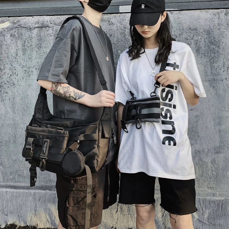 Schulter Gothic Schwarz Umhängetasche Messenger Tragetaschen Für Männer Frauen Shopper Nylon Hip Hop Techwear Satchel Taille Goth_voghion.com