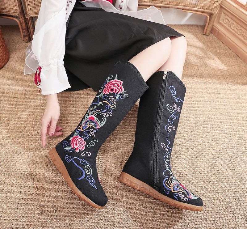 Enkelstövel i bomull, mellanhöga, platta, feta fötter, överdimensionerade tygstövlar, broderade damskor, dragkedja i sidan_voghion.com