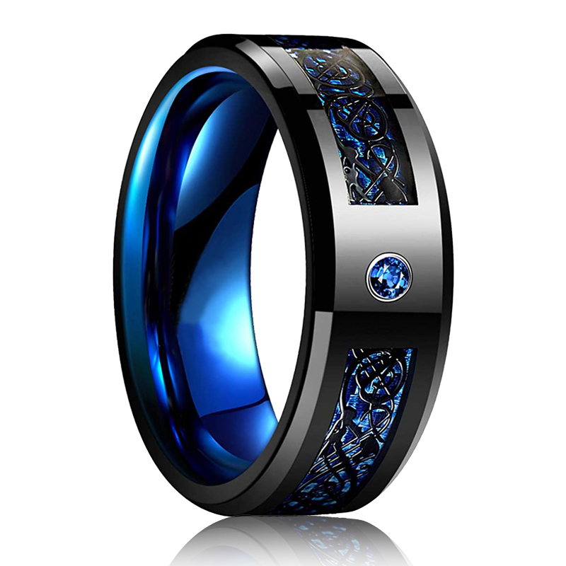 Hot Sales Hot Sales Fashion 8mm Black Tungsten Wedding Celtic Dragon Inlaid Zircon Punk Stainless Steel Blue Carbon Fibre Ring For Men_voghion.com