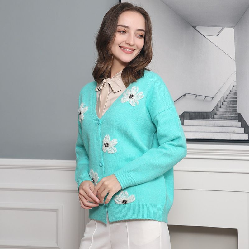 2023 grenzüberschreitender Außenhandel Frühling und Herbst Neuer europäischer und amerikanischer Damen-Langarm-Cardigan mit besticktem V-Ausschnitt-Strickpullover für_voghion.com