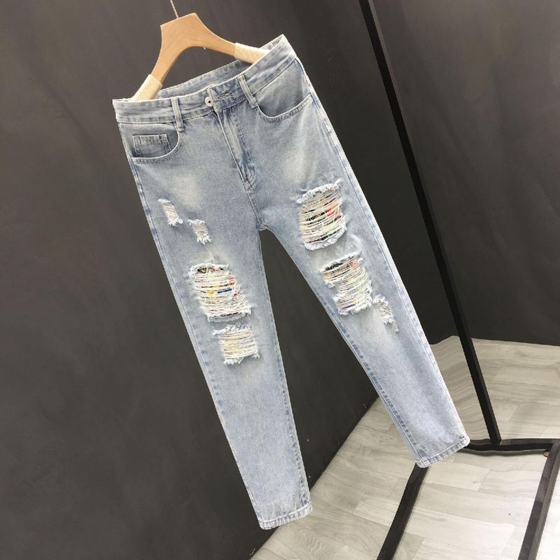 Broken Hole Jeans Men's 2025 Summer New Brand Thin Slim Fit Small Foot Trendy Rolled Edge Nine Part Casual Pants_voghion.com