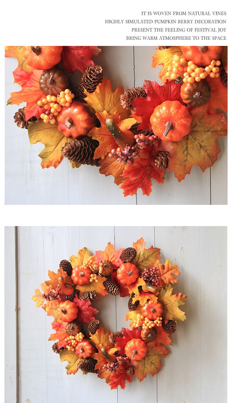 Corona autunnale con varie pigne di zucca per la decorazione della porta corona di foglie d'acero_voghion.com