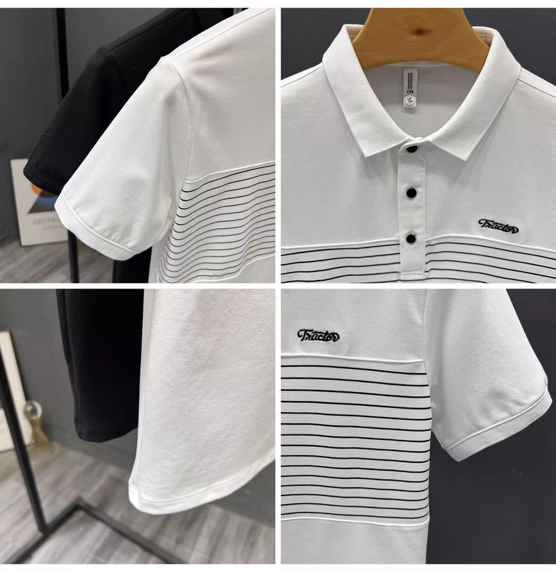 Abbigliamento maschile, elegante polo a maniche corte con risvolto a righe da uomo, maglietta a maniche corte sottile alla moda_voghion.com