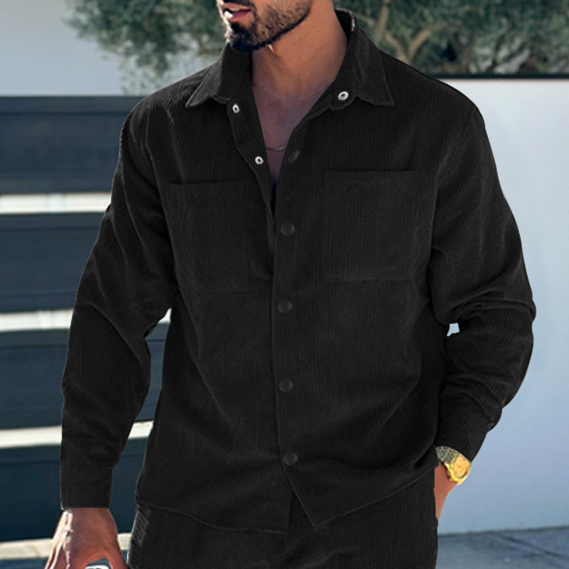 Cardigan da uomo slim fit, in velluto a coste, multitasche, casual, taglie forti, tinta unita, 2023_voghion.com