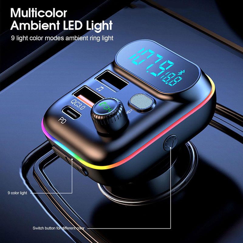 Car Fast Bluetooth 5.0 FM Transmitter PD Dual Player Music Type-C Colorful Ambient MP3 Light Cigarette Lighter USB C0E3_voghion.com