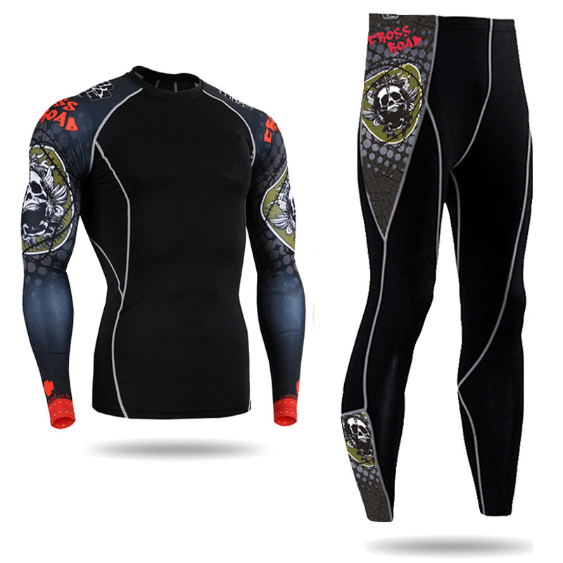 Bedrucktes T-Shirt in Übergröße, schnelltrocknender, enger Trainingsanzug mit langen Ärmeln, Sport-Fitness-Set für Herren_voghion.com