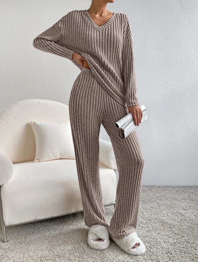 Dameskleding Tweedelig pak Mode Casual Rechte broek Temperament Losse V-hals Gestreept Gebreid Pak_voghion.com
