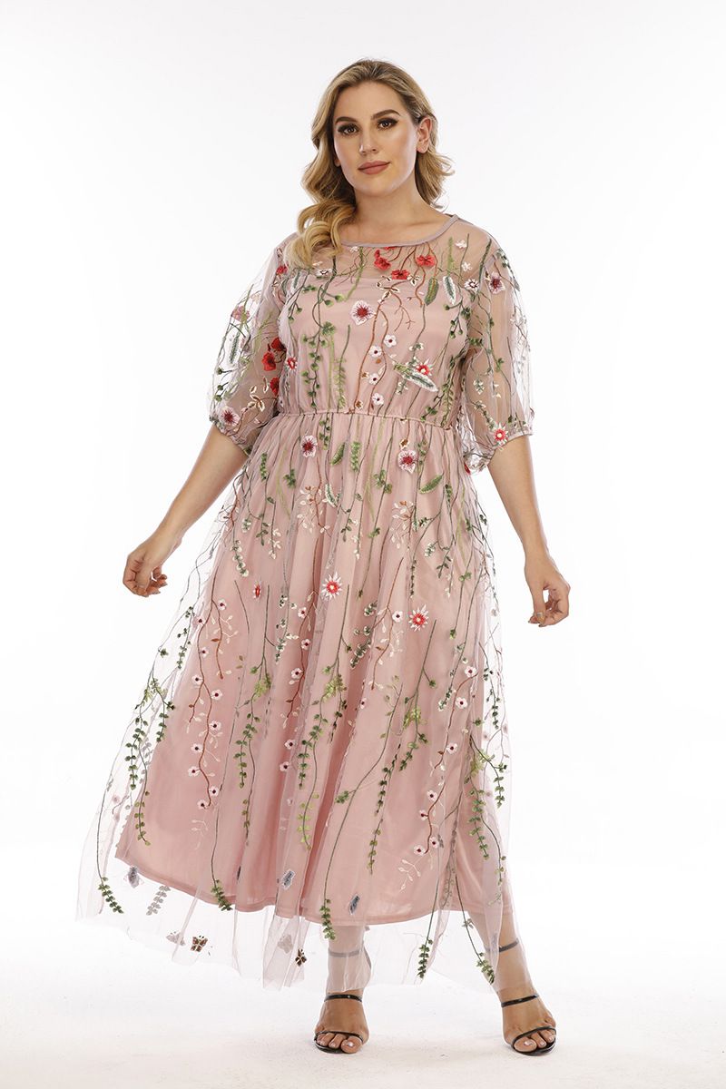 Sukienka damska plus size, wieczorowa, kobieca, haftowana siateczka, bankietowa, imprezowa, midi_voghion.com