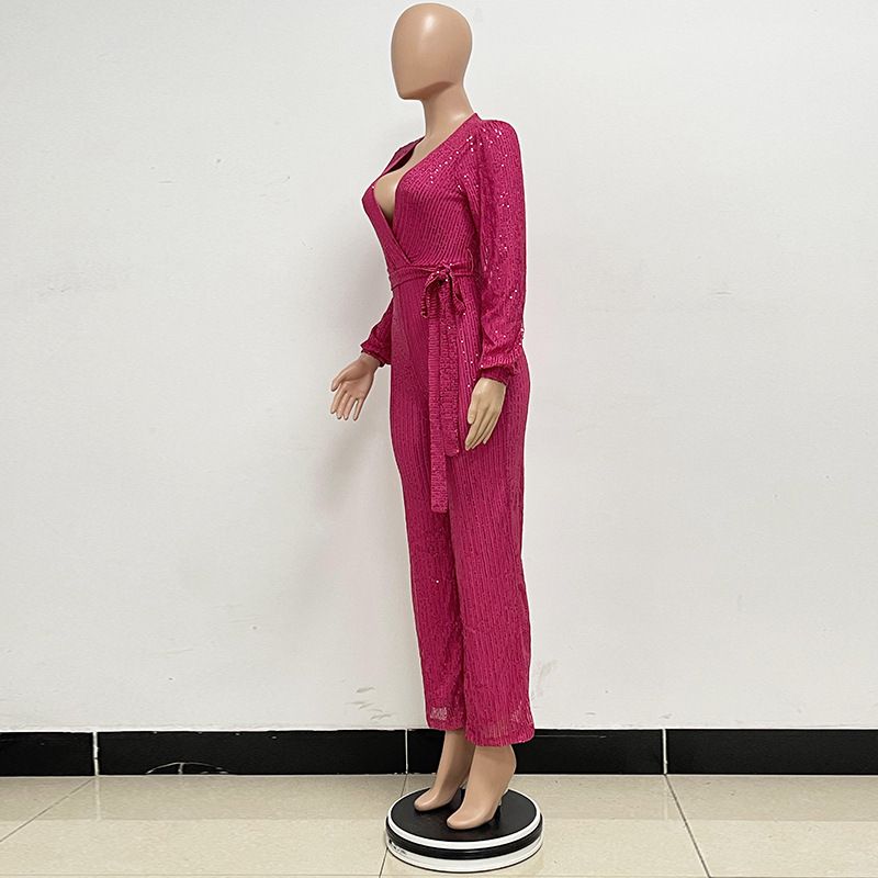 Damkläder Ins Style Deep V Mode Casual Jumpsuit Långärmat Bälte Paljett Jumpsuit Dam_voghion.com