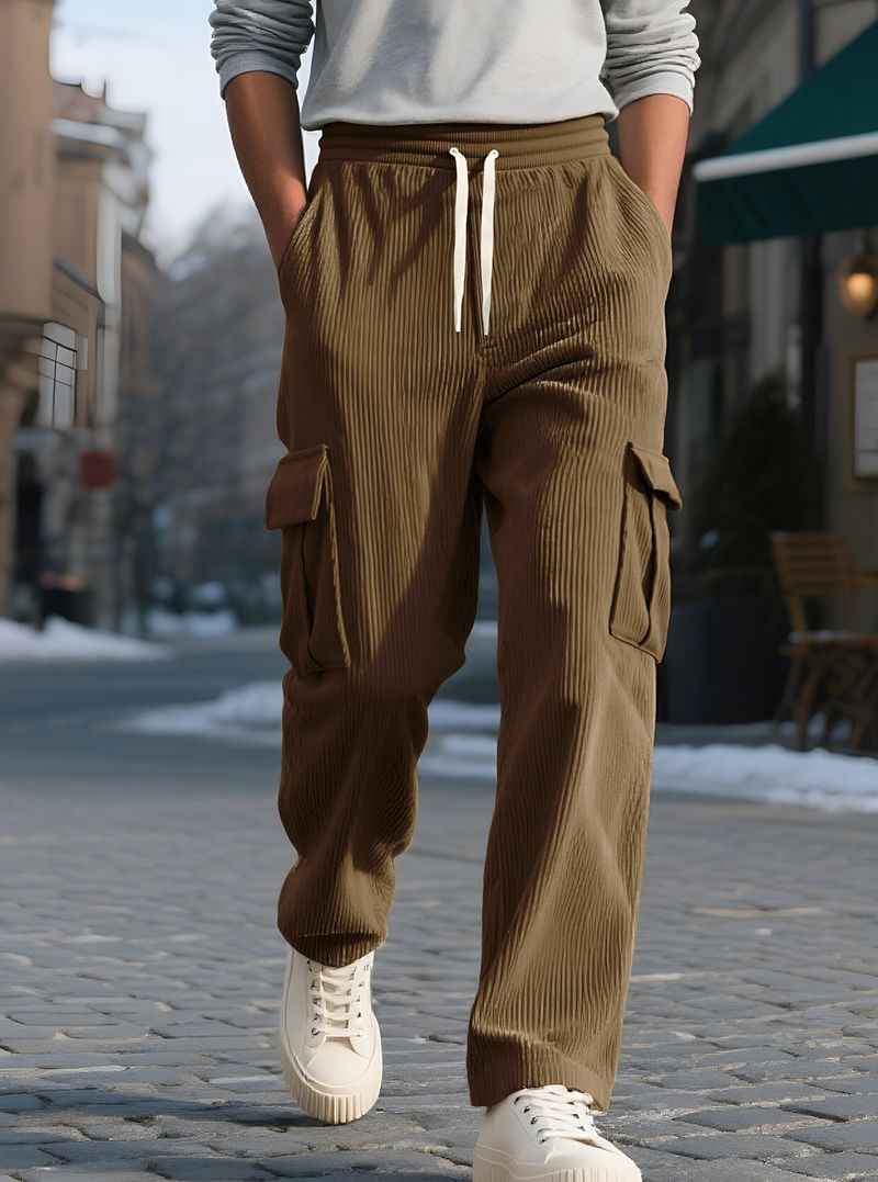 Herrenbekleidung Herren Cord-Arbeitshose – Vintage-Freizeithose mit weitem Bein und praktischen Taschen_voghion.com
