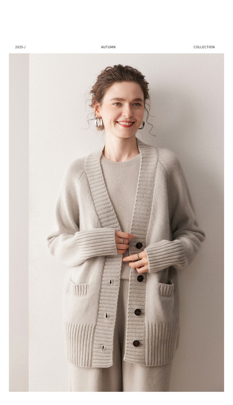 Strickjacke für Damen, 100 % reines Kaschmir, mittellang, dreilagig, dick, locker, Übergröße, vielseitiger Strickmantel_voghion.com