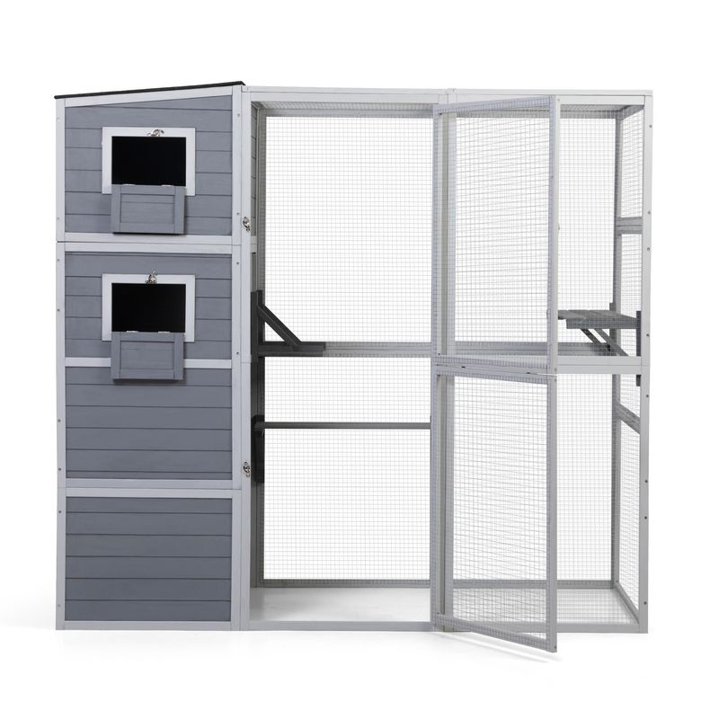 Large Wooden Cat Enclosure with Waterproof Roof and Platforms, Gray_voghion.com