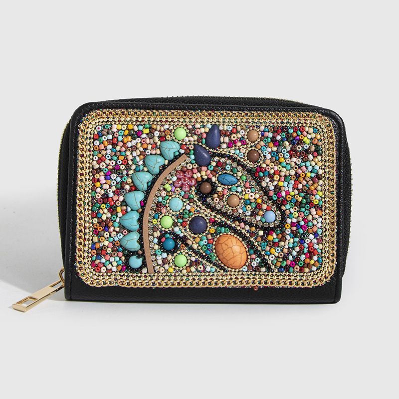 Geldbörse, Brieftasche, Clutch, böhmischer Stil, Reisperlen, Schmetterlingsblumen, exquisite Pu-Reißverschluss-Kartentasche, kleine Geldbörse, Geldbörse für Damen_voghion.com