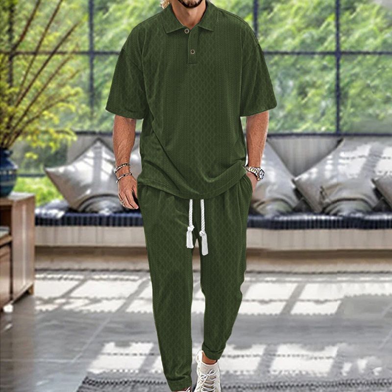 24 Spring Summer Men's Casual Long Pants Turn-down Collar Jacquard Knitted Top Plus Size Set_voghion.com