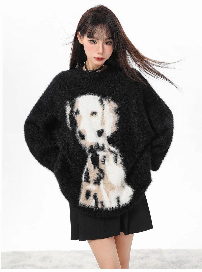 Suéter de terciopelo de visón con lunares negros para mujer, suave y holgado, de mohair, de longitud media, para otoño e invierno._voghion.com