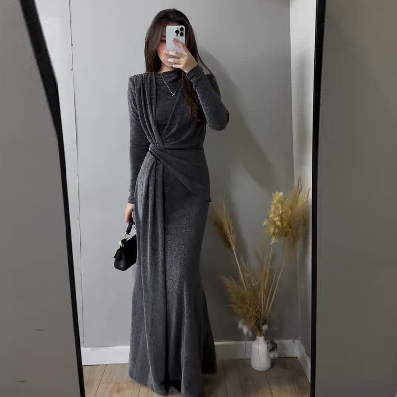 Women's Clothing Sexy Fashion Round Neck Pleated Waist Slim Fit Solid Color Temperament Dress_voghion.com