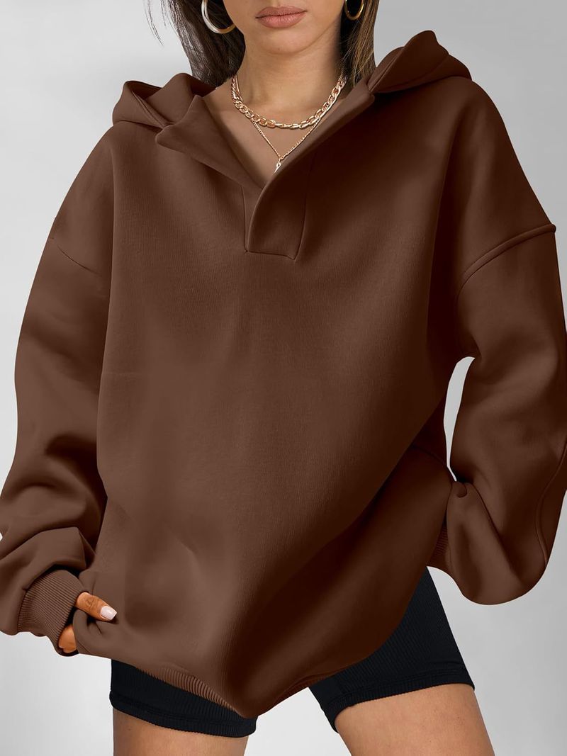 Women's Clothing Sweatshirt Solid Color Long Sleeve Hooded Solid Color Loose Sweater Women's Top_voghion.com