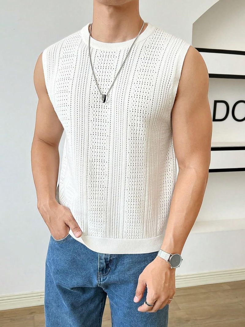 Sommer Herren Neue Einfarbige Strickmode Ärmelloses Top Hohl Atmungsaktiv Rundhals Casual Weste_voghion.com