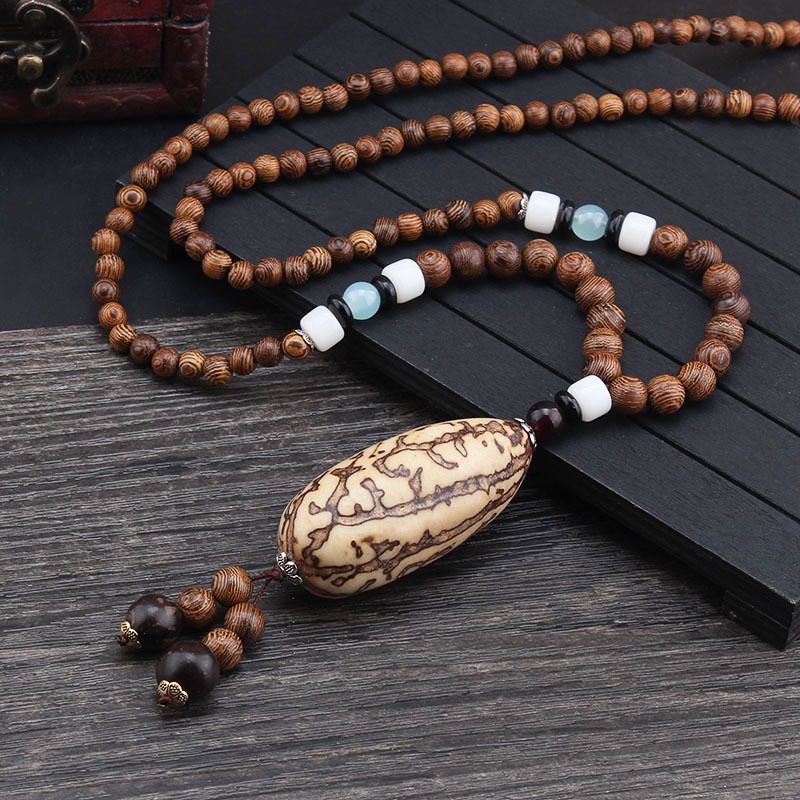 Collana lunga per maglione in stile etnico, ciondolo Bodhi, collana con perline di legno, accessori con ciondolo in cotone e lino per uomo e donna_voghion.com