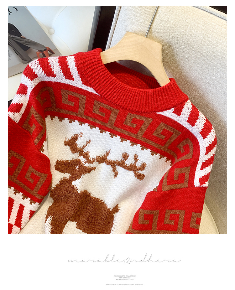 Petit cerf Jacquard rouge pull de noël femmes automne hiver nouveau tricot occidental ample et mince_voghion.com