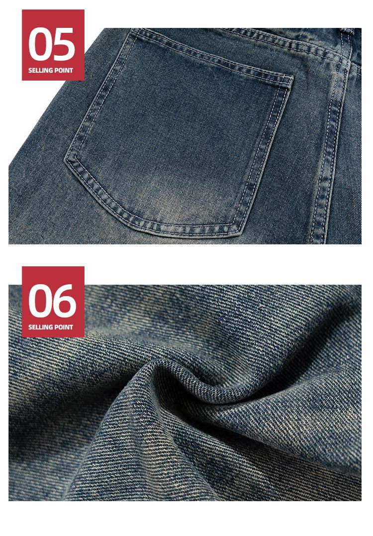 Gewaschene Distressed-Hose für Männer und Frauen, gleicher Stil für Männer und Frauen, blaue Jeans mit Mikro-Schlag und weitem Bein und Lasertextur-Design_voghion.com