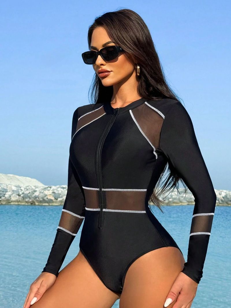Women's Clothing Mesh Splicing Zipper Swimsuit Long Sleeves One Piece Swimsuit Surfing Suit_voghion.com