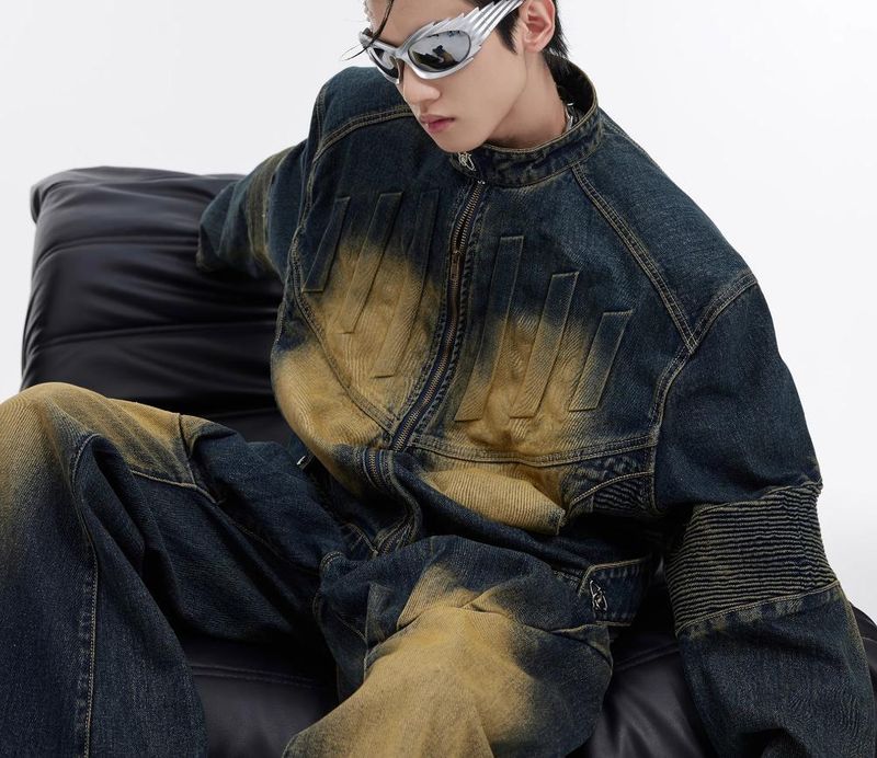 Men's Clothing Special Offer Heavy Retro Distressed Deconstructed Denim Suit Three Dimensional Relief Design Jacket Coat Men Trend_voghion.com