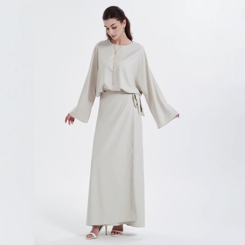 Solid Color Long Sleeve Muslim Women's Clothing Top And Skirt Set With Belt Abaya Suit GBR05_voghion.com