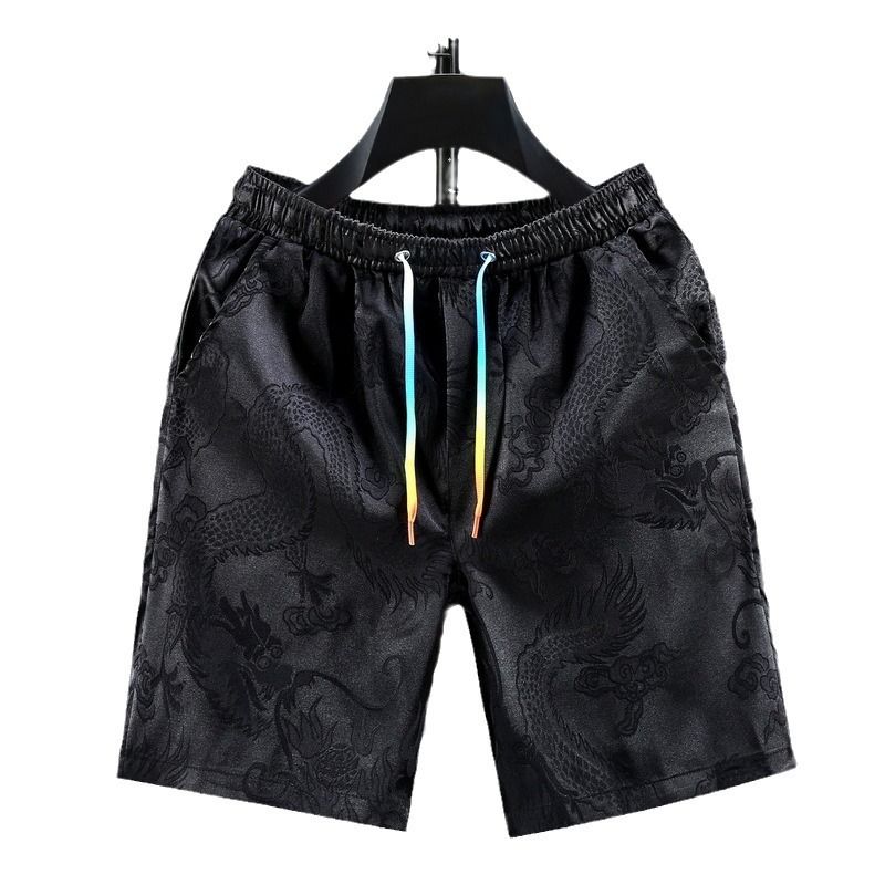 Chinese Style Tang Style Ice Silk Shorts For Men's Oversized Casual Dragon Patterned Cropped Pants, Summer Trend Home Pants_voghion.com