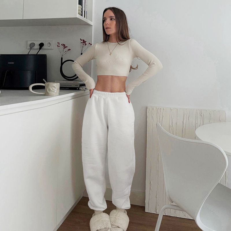 Vêtements pour femmes, pantalons de survêtement amples à taille élastique, couleur unie, leggings de personnalité, pantalons décontractés_voghion.com