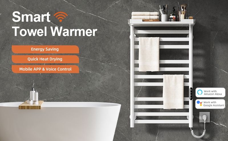 SIOYIE Heated Towel Rack With Shelf And Wi-Fi App Control, 11 Bars Electric Wall Mounted Towel Warmer With Timer & Adjustable Temperature, Low Carbon Steel, Plug-in/Hardwired, White_voghion.com