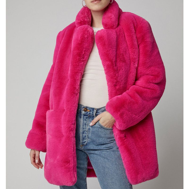 Women's mid-length imitation fur coat loose fluffy soft lamb wool warm coat_voghion.com