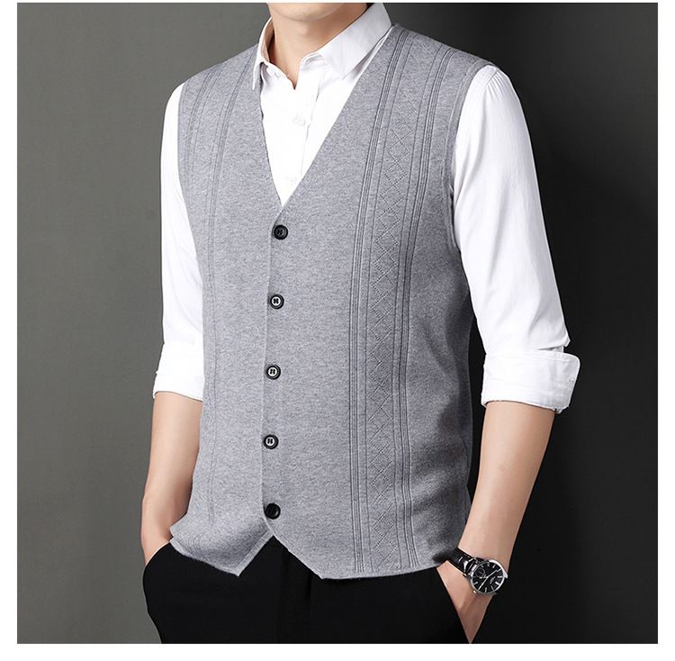 Gilet in maglia senza maniche da uomo - Vestibilità slim con motivo jacquard a righe, in misto poliestere leggero, versatile per abbigliamento casual e da ufficio_voghion.com