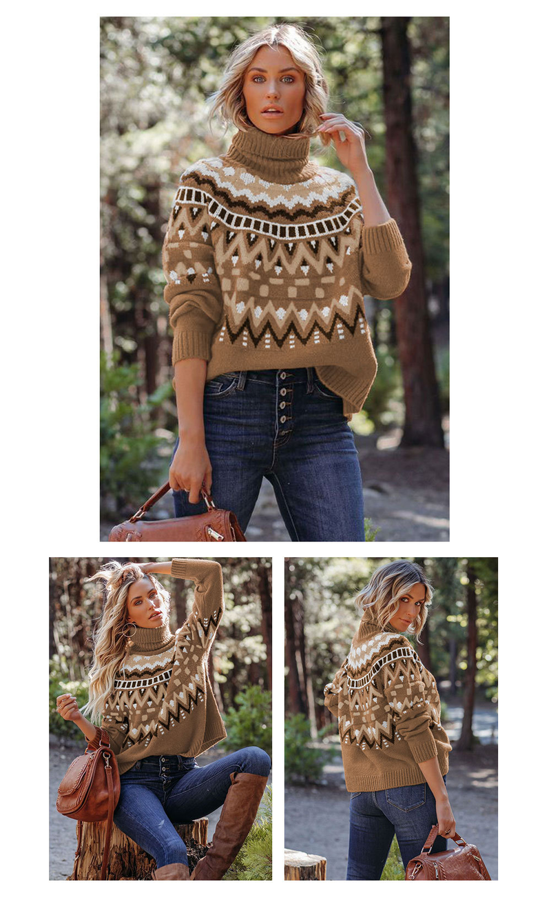 Women's vintage striped patchwork color sweater Halloween turtleneck sweater_voghion.com