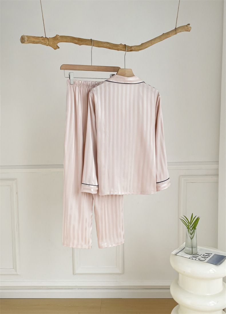 Women's Summer V-Neck Ice Silk Pajama Set – Long Sleeve & Pants, Soft & Breathable Loungewear (M-XL)_voghion.com