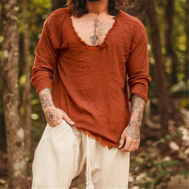 Maglietta casual da uomo in lino, modello 2025, con scollo a V, lavata in acqua e bordi sfrangiati, a maniche lunghe_voghion.com