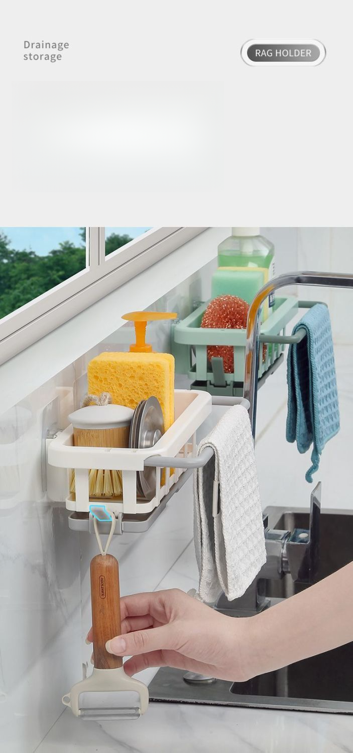 Kitchen Storage No-Drill Wall-Mounted Miscellaneous Organizer Multi-Functional Draining Spice Rack Sink Artifact_voghion.com