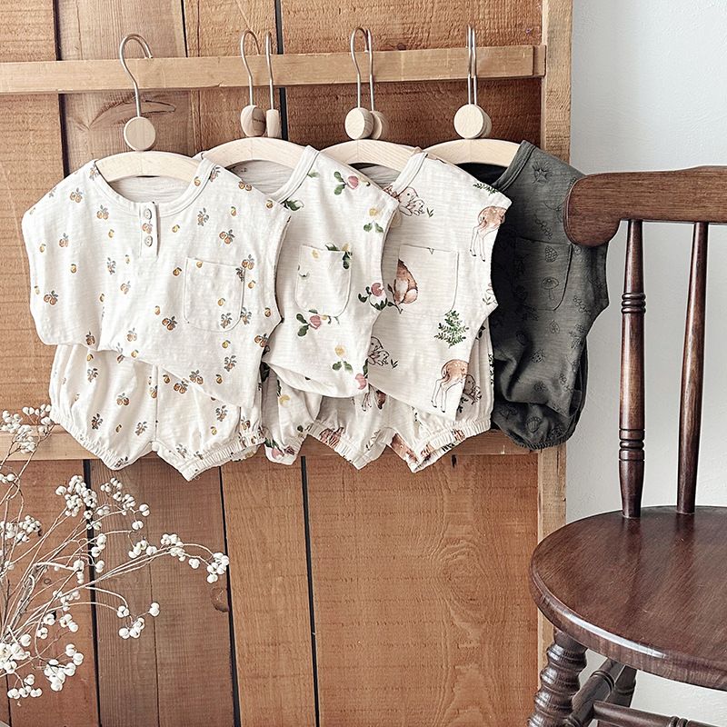 Ins Nordic Style Children's Suit Summer Cotton Children's Sleeveless Vest Fruit Floral Suit Baby Two Piece Suit_voghion.com
