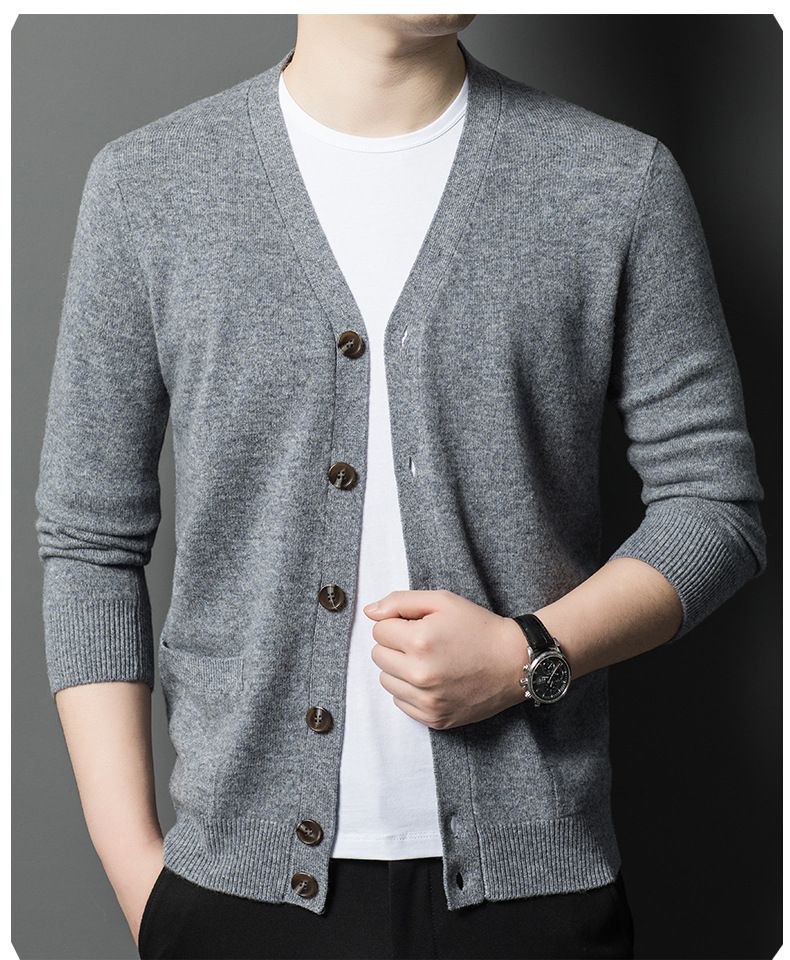 Herbst-Winter-Pullover aus reiner Wolle mit V-Ausschnitt und einfarbigem Farbverlauf für Männer mittleren und älteren Alters, vielseitiger Strickpullover_voghion.com